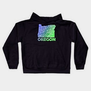 Colorful mandala art map of Oregon with text in blue and green Kids Hoodie